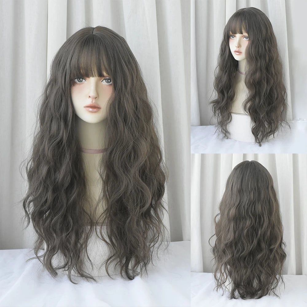 Long Curly Hair Women Wig with Bangs Daily Brown Black Pink Lolita Cosplay Braided Wigs Heat Resistant Fiber Party Fake Hair