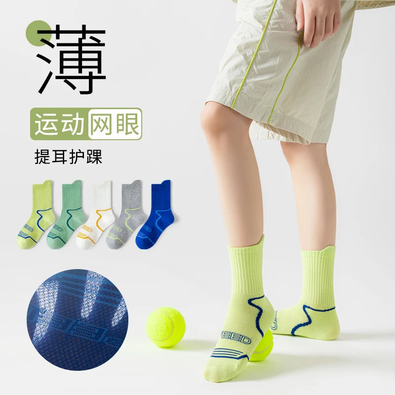 5 Pairs Kids Sports Socks Summer Thin Mesh Breathable Seamless Anti-Pilling Cotton Crew Socks for Boys Casual Running Socks 1-12