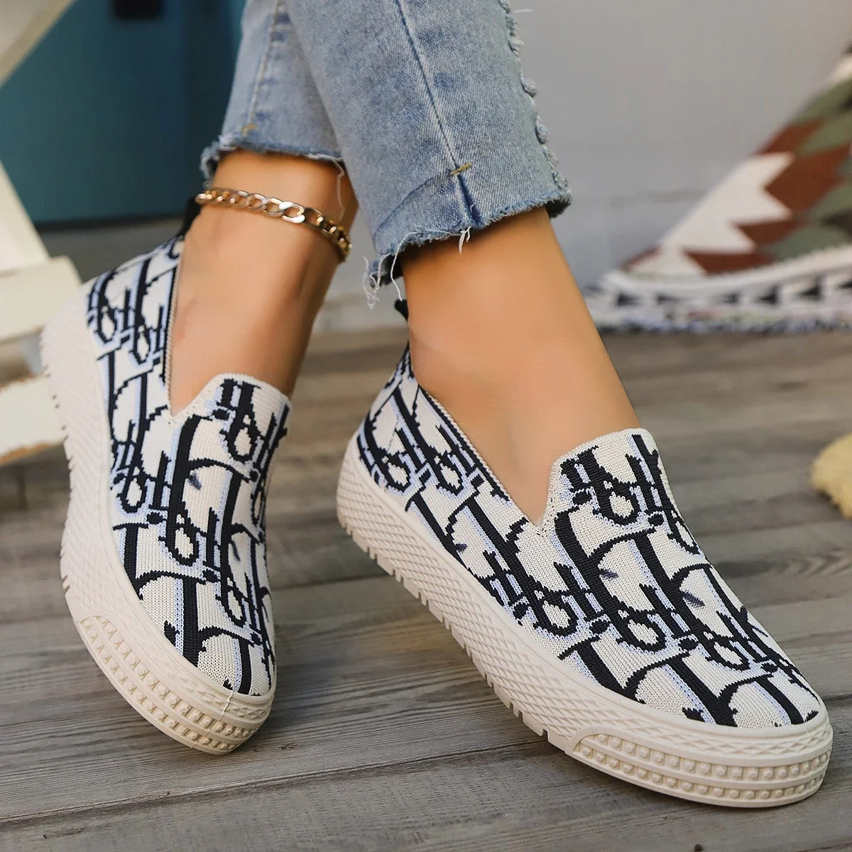 Graffiti Loafers Women's 2025 Spring  Knitted Deep Mouth Fashion Easiest for Match Casual Plaid Breathable Sneakers  Shoes