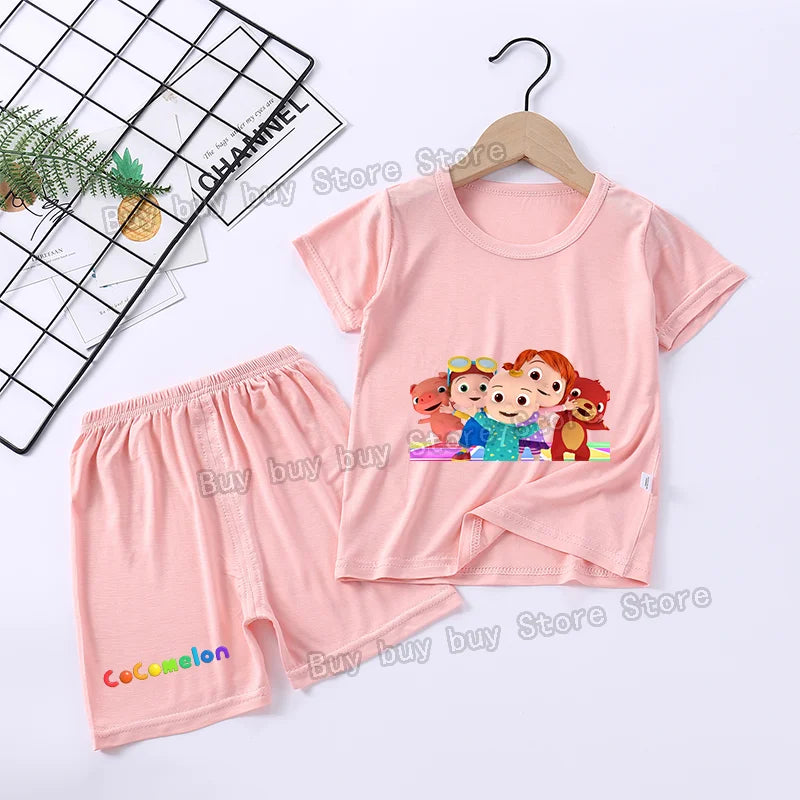 Cocomelons Pajamas Suit Kids Boys Girls Nighty Wears Cool Summer Loungewear Short Sleeve T-shirt Shorts 2pcs Soft Birthday Gift