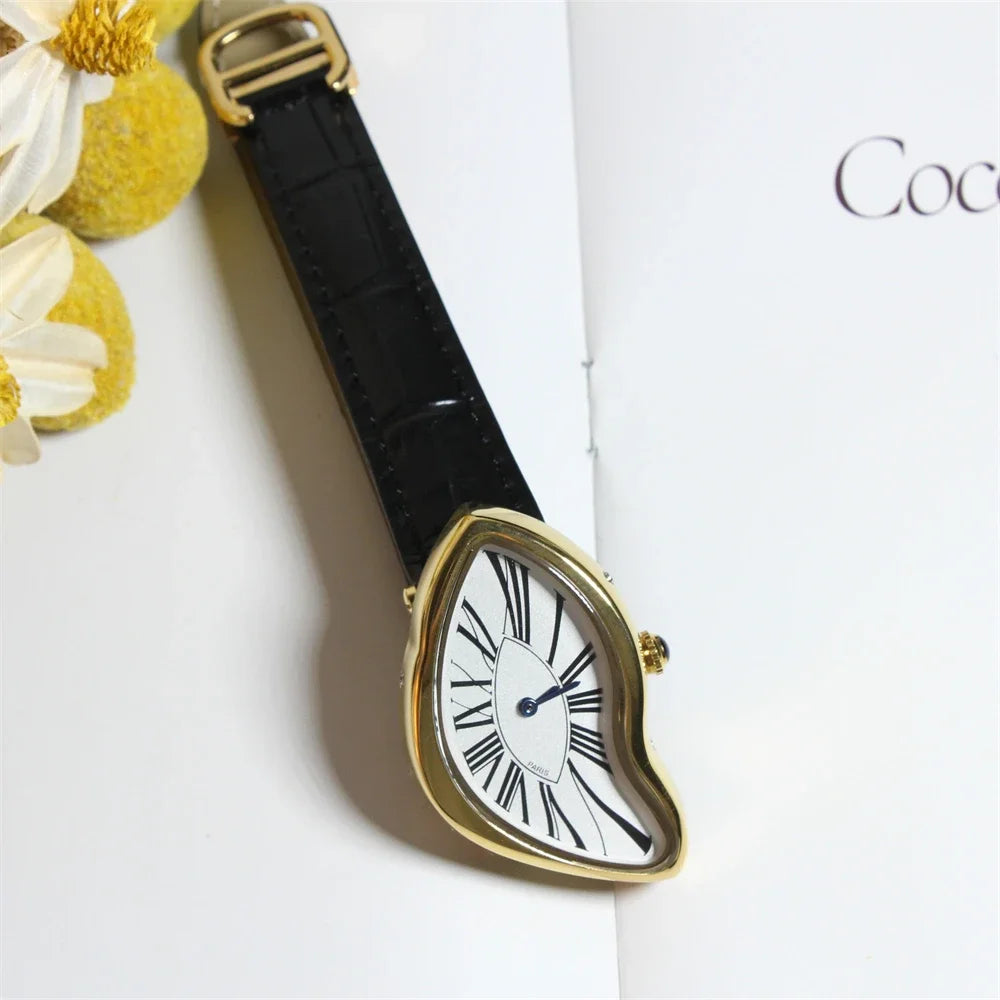 New Medieval Alien Watches Melt and Twist Y2K Alien Ladies and Men Leather Strap Fashion Advanced Ins niche Design Quartz Watch