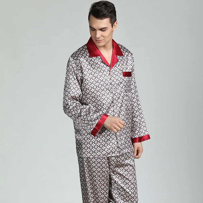 Pajamas Set Men's Home Clothes Long Sleeve Shirt&pants Male Satin Print Nightwear Casual Trousers Suit Spring Summer Loungewear