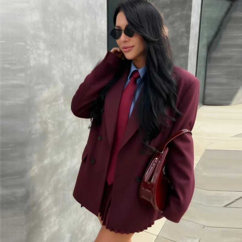 HXAO Burgundy Jacket Blazers Women's Long Sleeve Suit Jacket Office Wear Double-Breasted Long Blazer Woman Chic Oversized Blazer