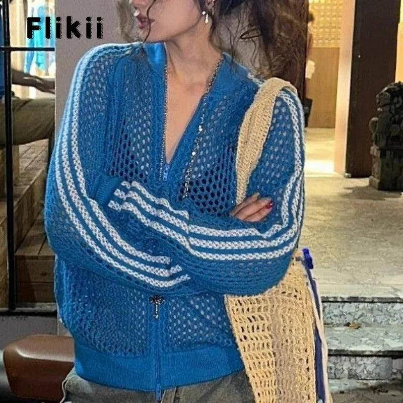 2025 Summer Casual Street Knitting Long Sleeve Zipper Cardigans Korean Fashion T-Shirts Striped Women Knitted Hollow Out Coat