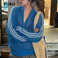 2025 Summer Casual Street Knitting Long Sleeve Zipper Cardigans Korean Fashion T-Shirts Striped Women Knitted Hollow Out Coat