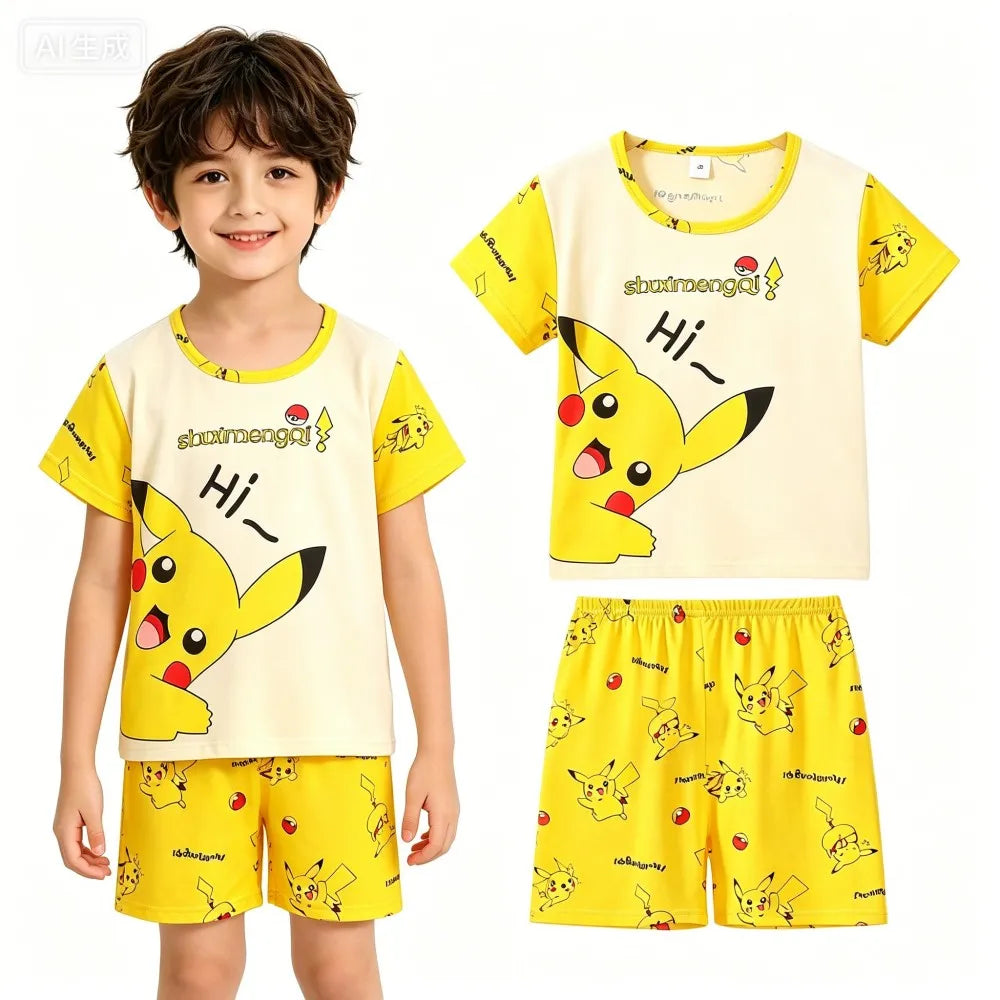 Animal Cartoon Boys Summer Pikachu Pajamas Sets Kids Summer Tops + Shorts Cartoon Sleepwear Pyjamas Toddler Kids Clothes Suits