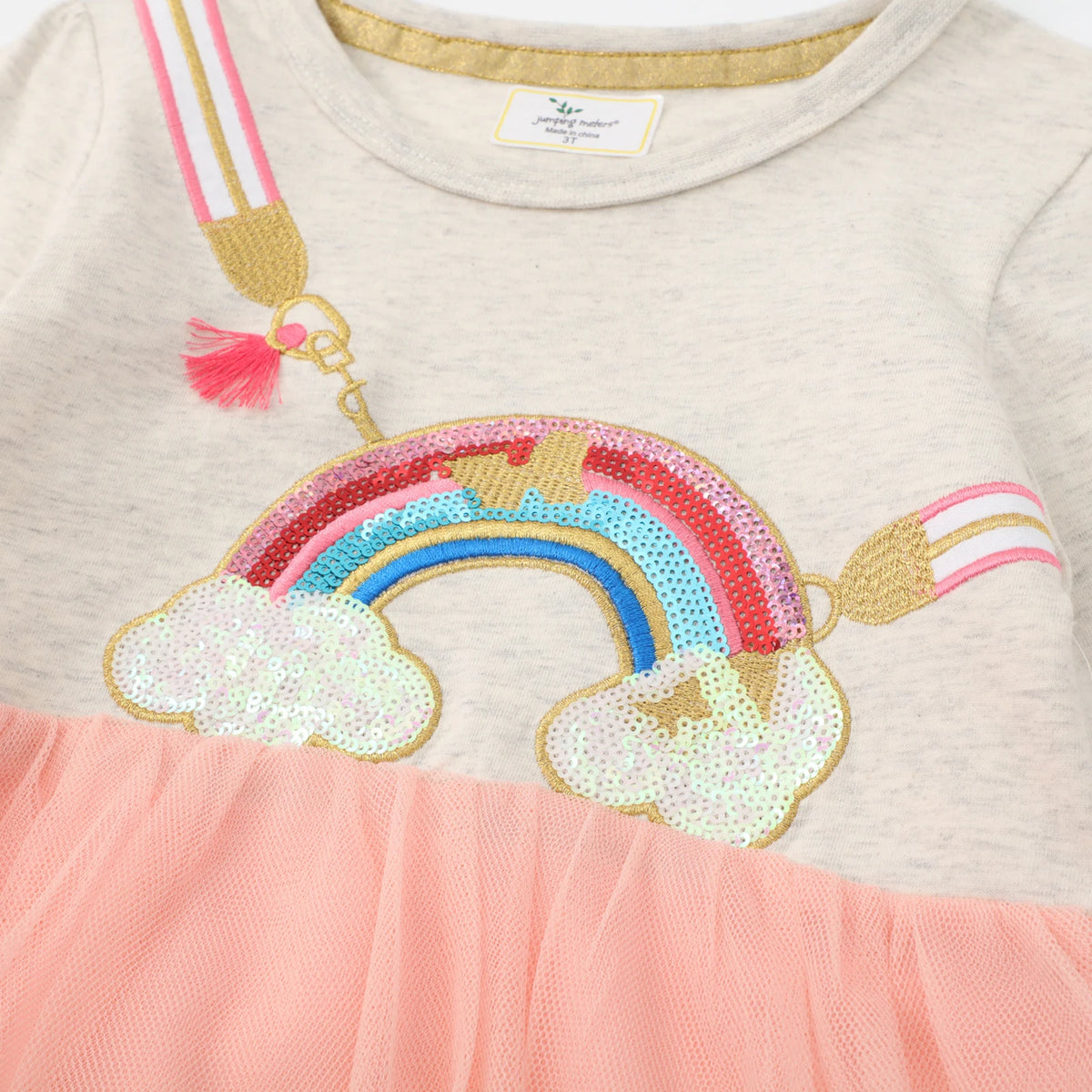Kids Long Sleeve Dresses with Mesh Skirts O-Neck Lightweight Cotton Tops Sweet Shirt 2-7T Girls Princess Dress for Party/Daily