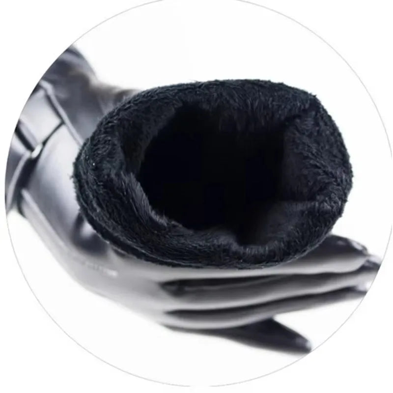 Winter Gloves for Men PU Leather Button Warm Mittens Outdoor Sports Driving Skiing Men's Windproof Black Gloves Winter Supplies