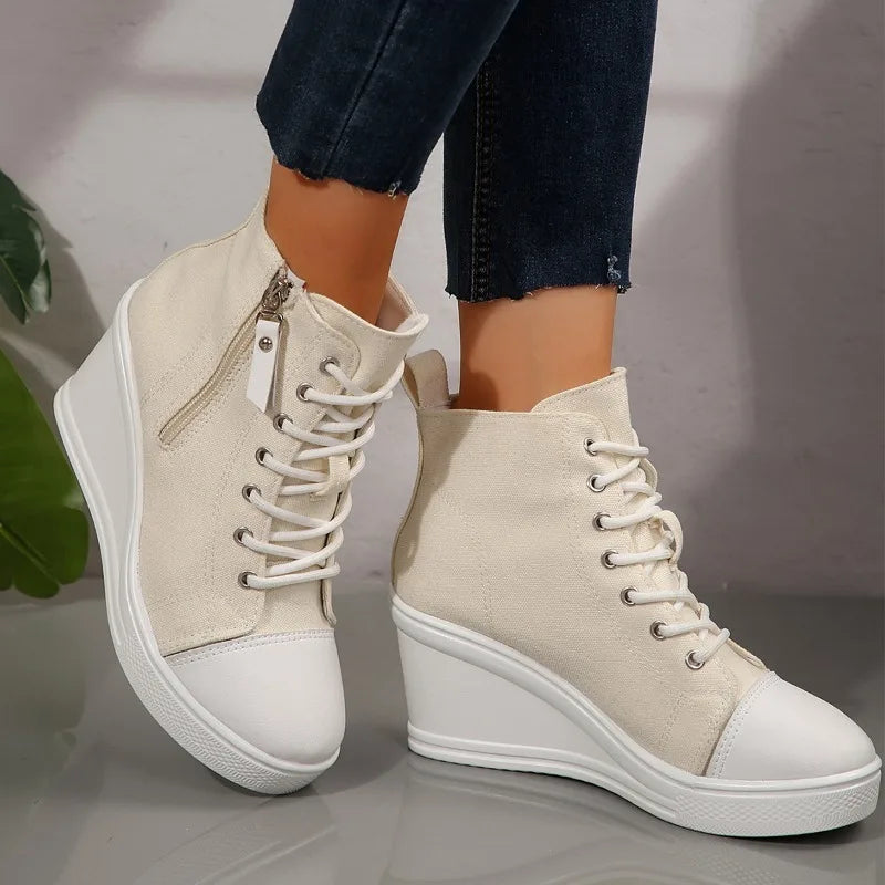 women's sneakers new invisible wedge heels zip lace up classic canvas shoe Platform fashion lightweight high top shoes for women