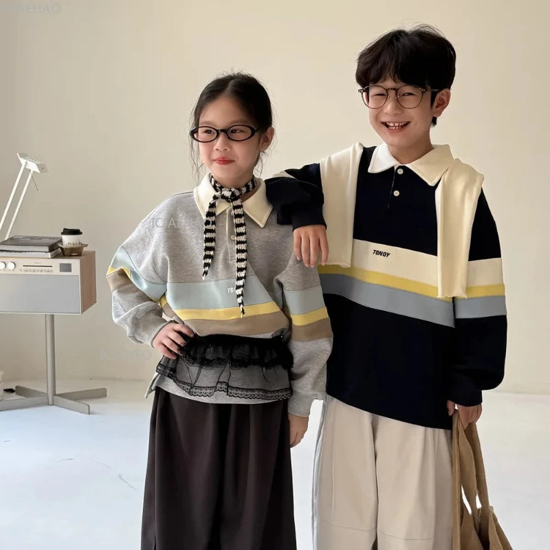 Kids Hoodie Autumn Boys Girls Children Korean Style Wide Stripes Letter Print Casual Loose Pullover Collar Sweatshirt Costume