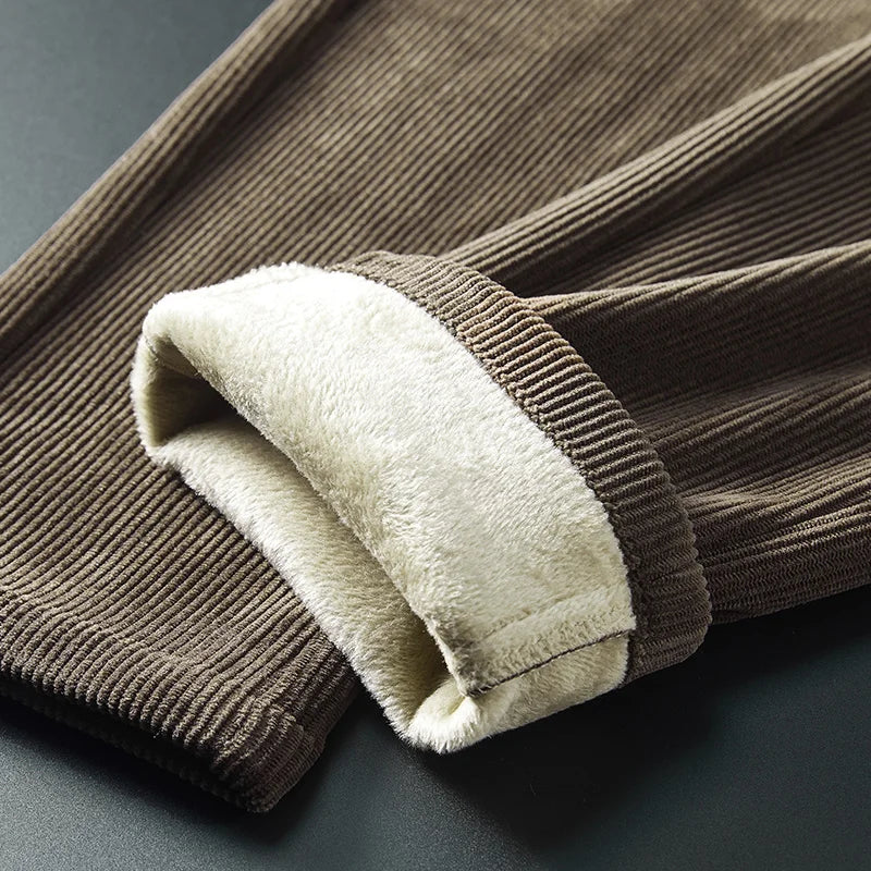 Winter Fleece Warm Corduroy Fabric Men's Casual Pants Outdoors Business Thick Flocking Plush Black Grey Brown Trousers Male