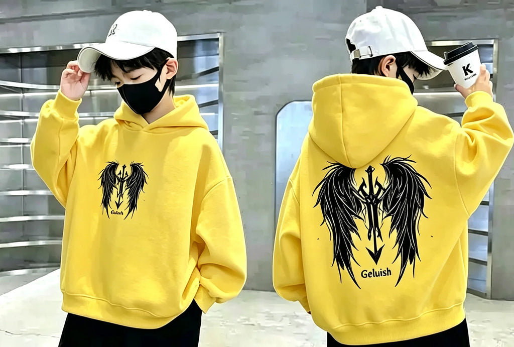 Boys Hoodie Streetwear Angel Wings Trident Print Kids Loose Hooded Sweatshirt Casual Teen Pullover