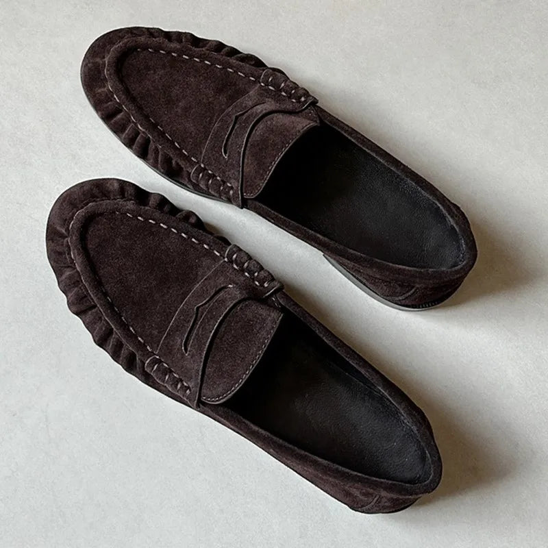 Lady Loafers 2026 Model Handcrafted Retro Pleated Single Shoes for Women, Women's Low-Heeled Leather Suede Shoes