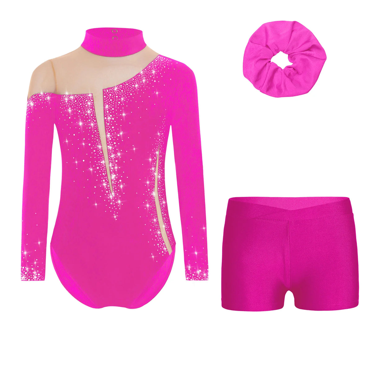 Kids Girls Ballet Dance Leotard With Body Shorts Hair Band Long Sleeve Workout Outfits Gymnastics Jersey Bodysuit Clothes
