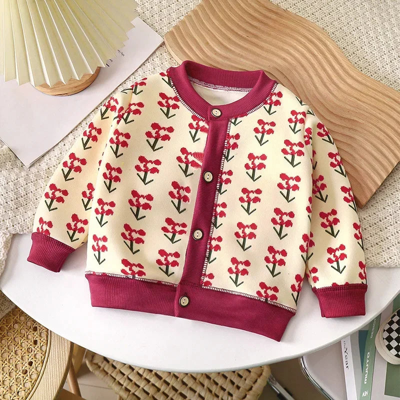 1-7T Children Long Sleeved Jacket Fur Padded Cute Girls Coat Kids Autumn Sweet Cherry Checkered Pattern Warm Cardigan Outwear