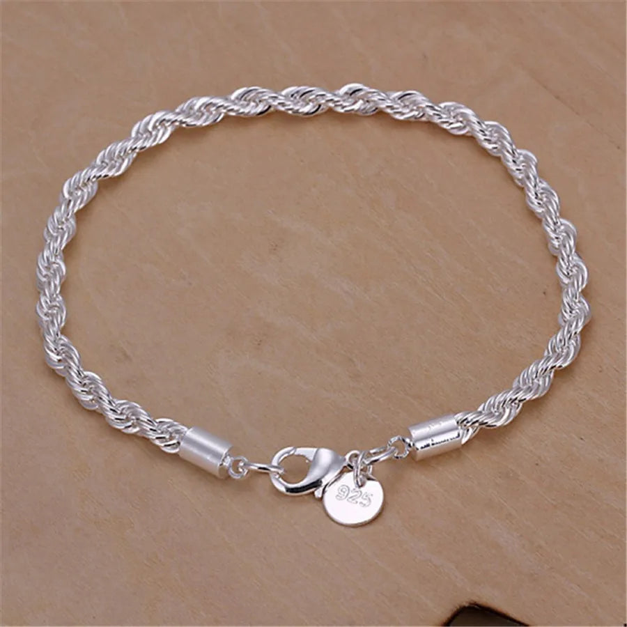 High Quality 925 Silver 4MM Women Men Chain Male Twisted Rope Necklace Bracelets Fashion Silver Jewelry Set