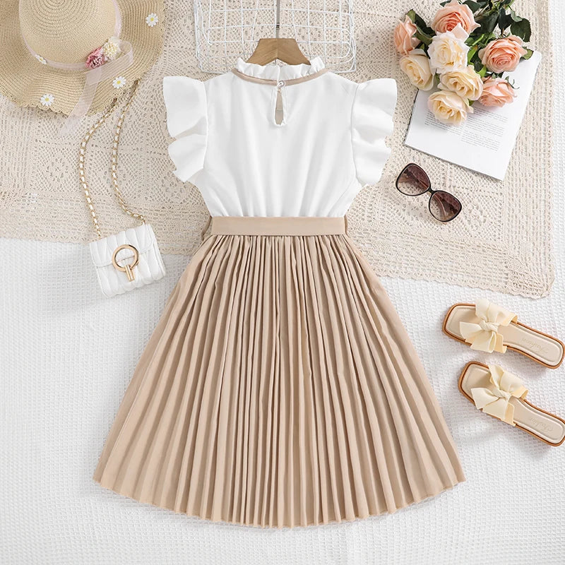 Kids Dress For Girls White Petal Sleeves Pleated Khaki Skirt & Bow Tie Preppy Style Elegant Birthday Party Clothes For 8-12 Year