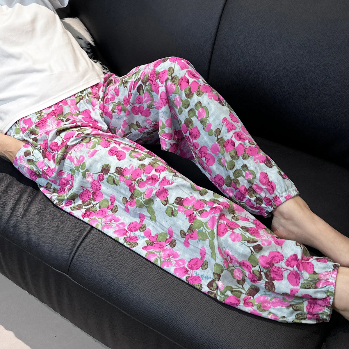 Cool Summer New Silk Cotton Spwear Loose Women's Wide Leg Pants Home Wear Floral Print Heat Resistant Comfortable Casual T...