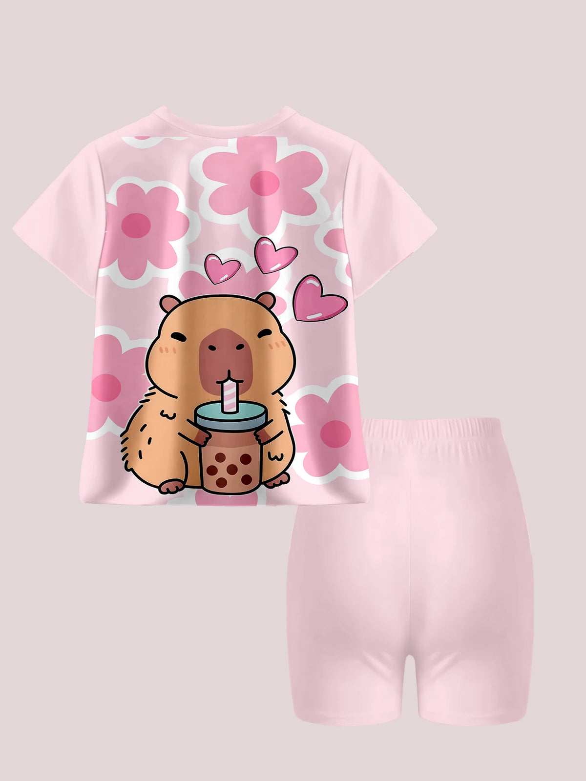 Kawaii Capybara Print Kids Pajama Set 2Pcs Girls Short Sleeve T-shirt Shorts Loungewear