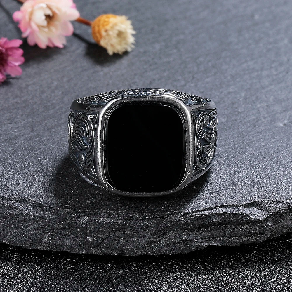 Men‘s Black Onyx Ring, 12x14mm Square Gem Carved Vintage Sterling Silver Band, Bold Gothic Statement Jewelry Gift for Him