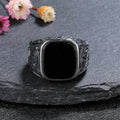 Men‘s Black Onyx Ring, 12x14mm Square Gem Carved Vintage Sterling Silver Band, Bold Gothic Statement Jewelry Gift for Him