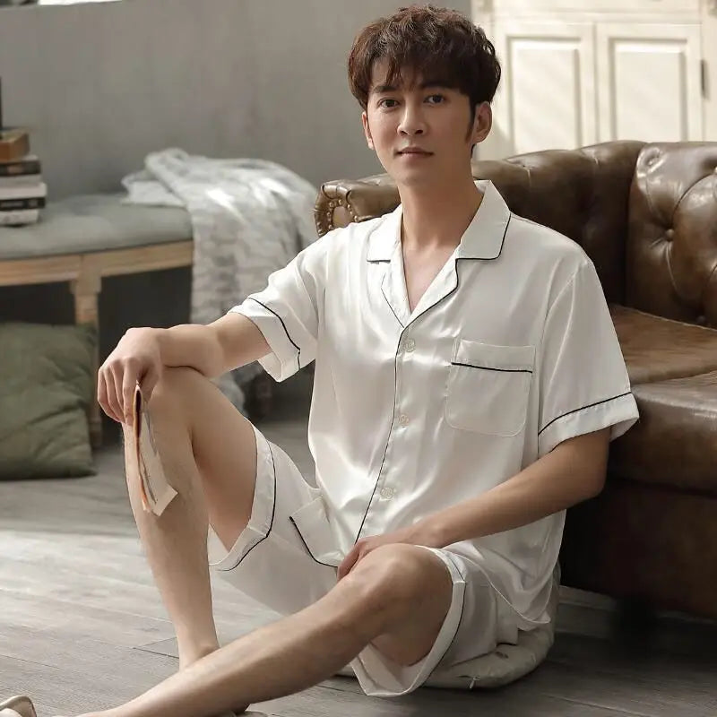 KIDWHXR Man Pajama Set Summer Single-breasted Shirt Male Loose Straight Shorts Men Ice Silk Comfortable 2-piece Sleepwear Outfit
