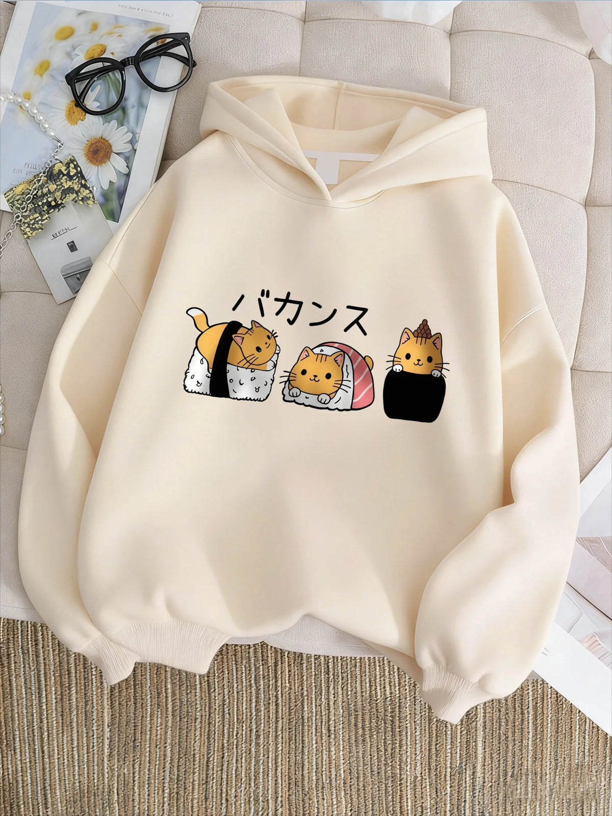 Autumn/Winter Children's Hooded Sweatshirt with Cute Cat and Sushi Print for Boys and Girls, Long-Sleeved Top Sweater