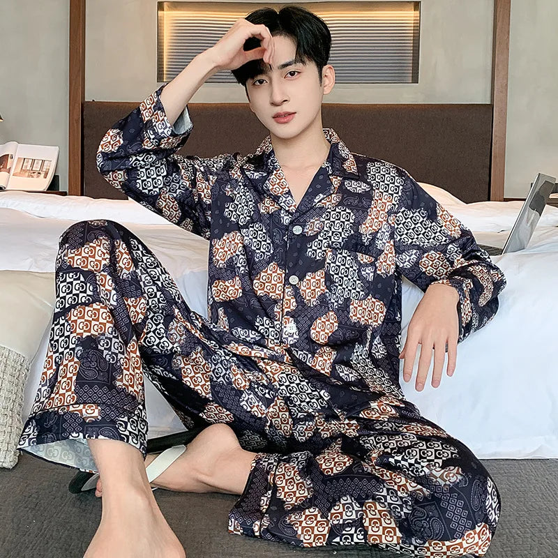 High Quality Men Pajamas Suit Spring Fall Ice Silk High-end Long-sleeved Sleepwear Set Female Ethnic Style Large Size Loungewear