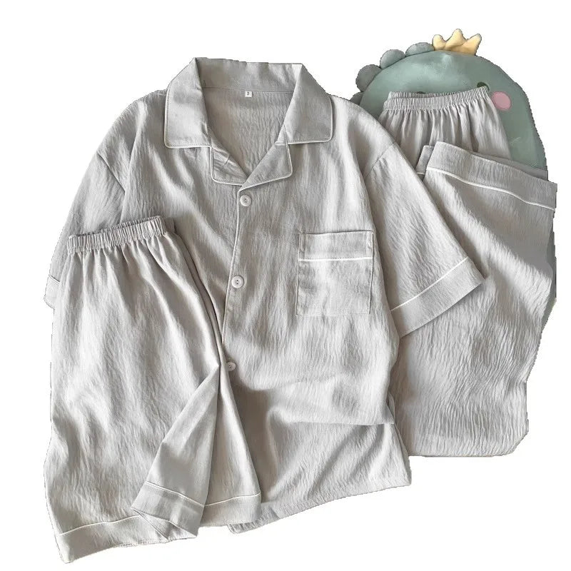 Men's Summer Short-Sleeve Pajamas: Simple, Solid-Color, High-Quality, Outerwear-Style 3-Piece Set; Youth Spring/Summer Pajamas