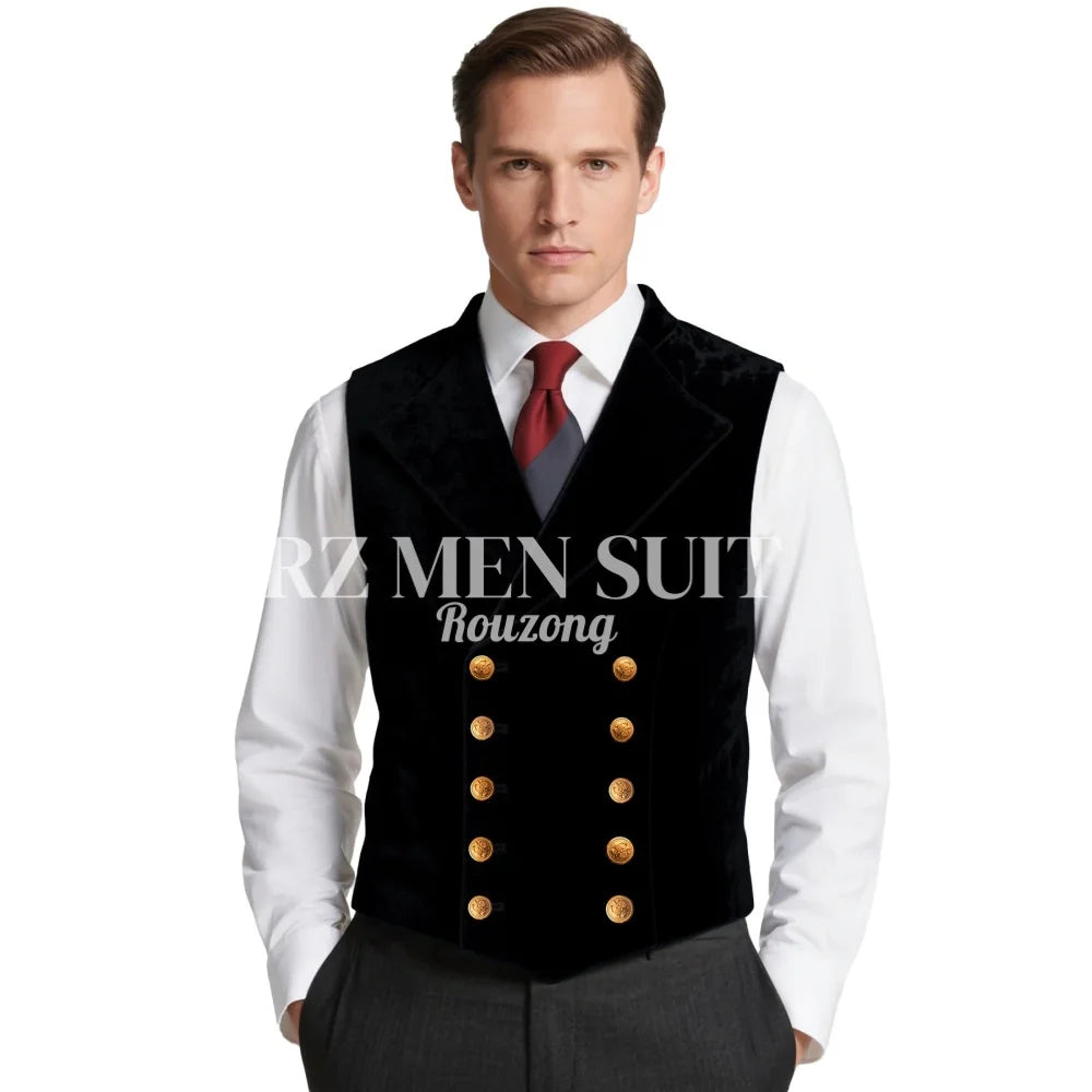 Mens Velvet Suit Vest Retro Lapel Double Breasted Tuxedo Vests Victorian Formal Waistcoat chaleco hombre