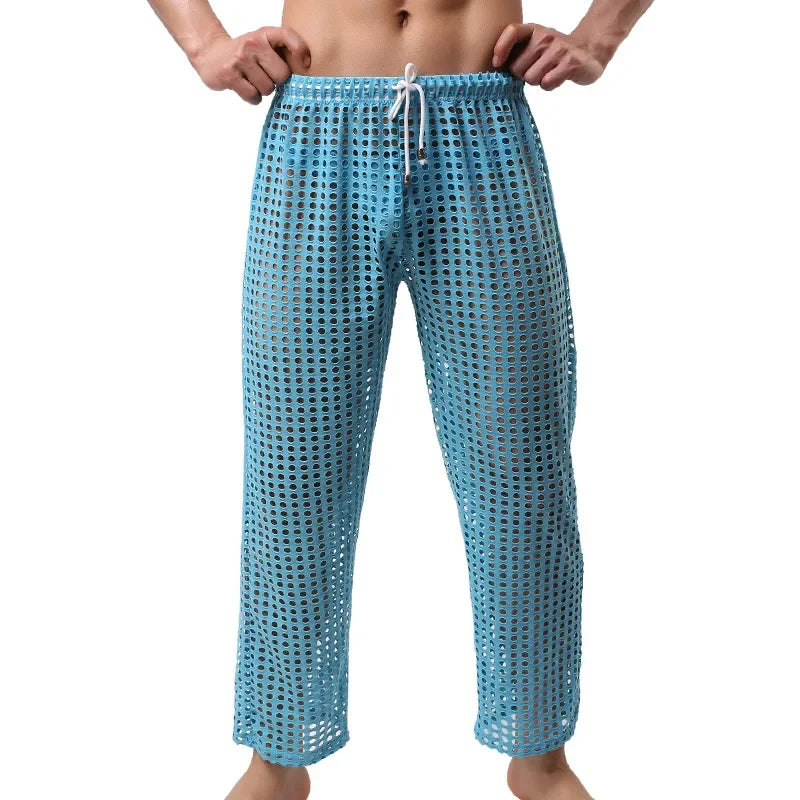 Mens Pajamas Sexy Mesh See Through Long Pants Sleepwear Fishnet Hollow Out Fitness Trousers Sleep Bottoms Sexy Underwear
