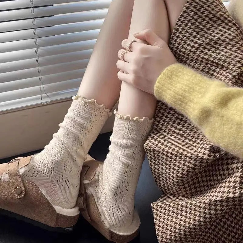6 Pairs/lot Women's Mid-Tube Socks Hollow-Out Mesh with Flounce Trim Breathable Slouch Trendy and Versatile for Instagram Style