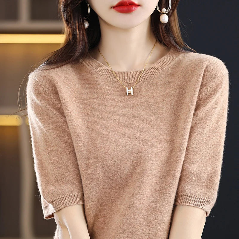 2025 New Spring Summer Women Sweater Short Sleeve O-Neck Pullover 100% Merino Wool Pure Color Knitted Jumper Female Clothing