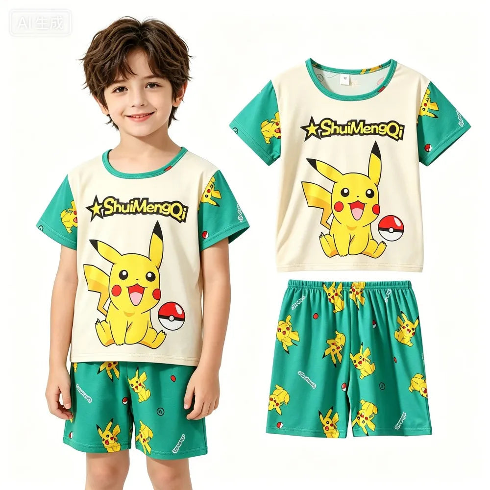 Animal Cartoon Boys Summer Pikachu Pajamas Sets Kids Summer Tops + Shorts Cartoon Sleepwear Pyjamas Toddler Kids Clothes Suits