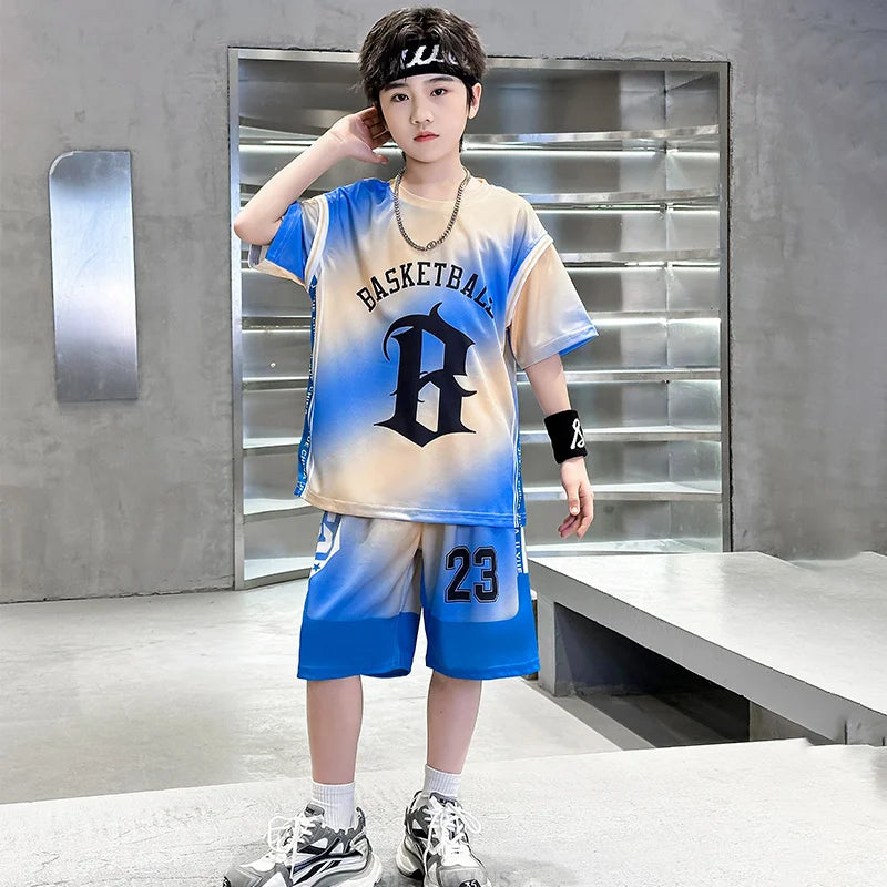 Child Boy Summer Sports Jerseys Suit T-shirt Shorts Tracksuit 2Pcs Clothes Set Teenage Kids Basketball Uniform Clothing Set 5-14