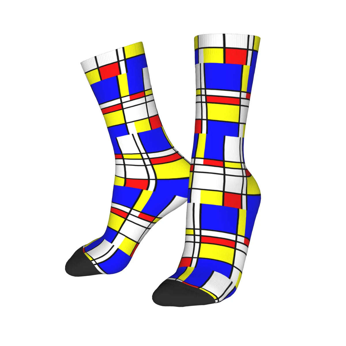Custom Color Art Retro Mondrian Men Women Crew Socks Unisex Fashion 3D Printed Abstract Art Plaid Dress Socks