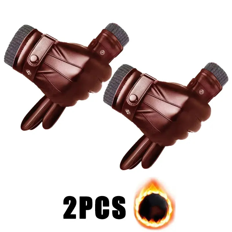 Winter Gloves for Men Genuine Leather Gloves Warm Plus Velvet Touch Screen Gloves Outdoor Cycling Driving Motorcycle PU Gloves