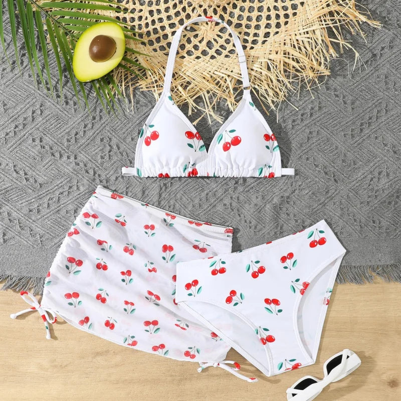 2025New Children's Bikini Swimsuit Cute Girls' Three-Piece Set with Chest Pad for Older Children