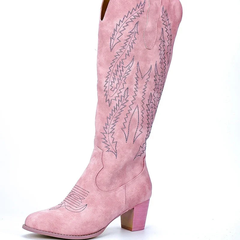 Women Fashion Boots Spring Low Heel Women Shoes Cool British Embroidered Design Soft Short Boots Party Knee High Boots Pink2024