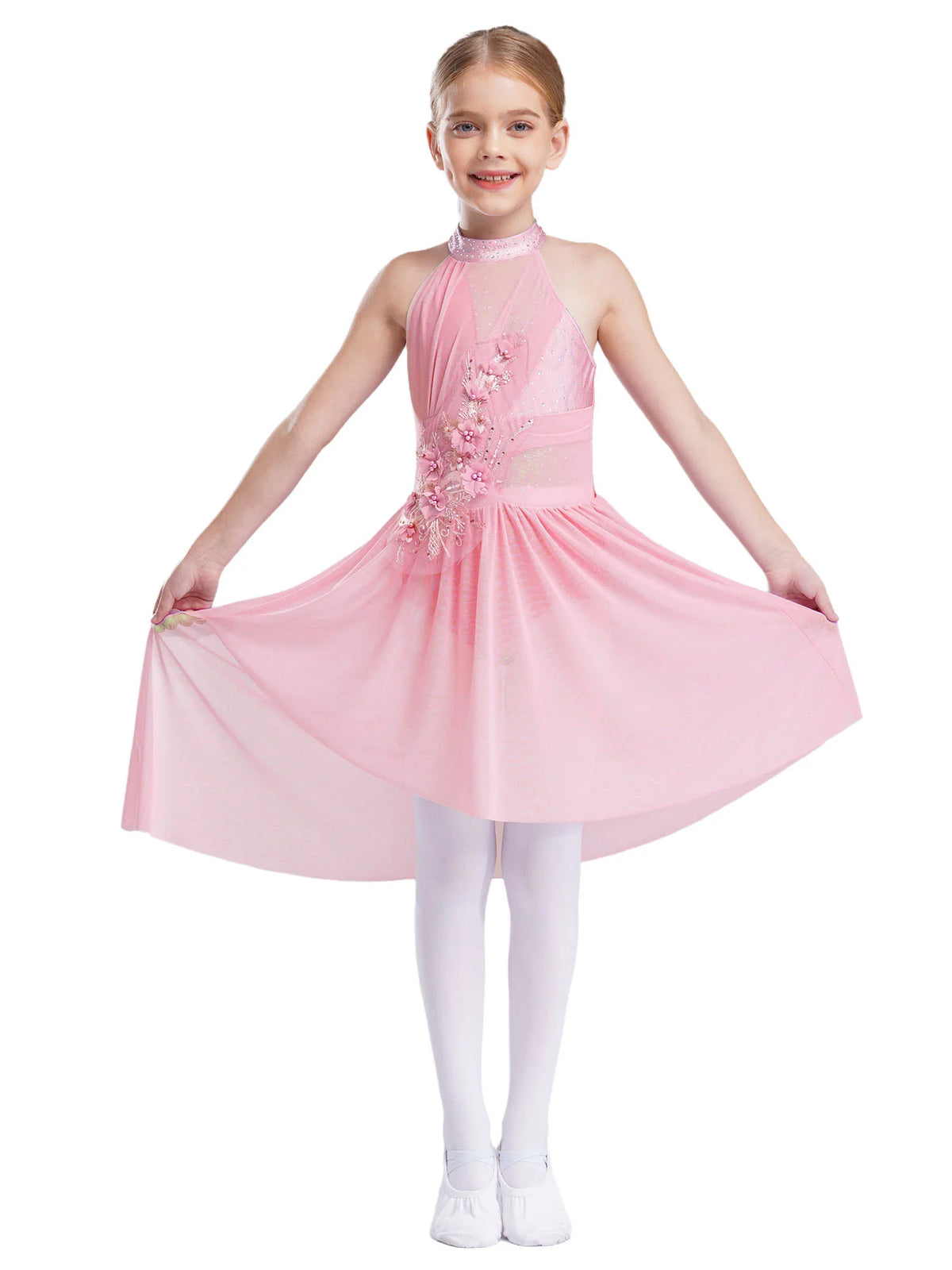 Kids Girls Ballet Lyrical Contemporary Dance Dresses Gymnastics Artistic Skating Costume Shiny Sparkly Rhinestones Tutu Dress