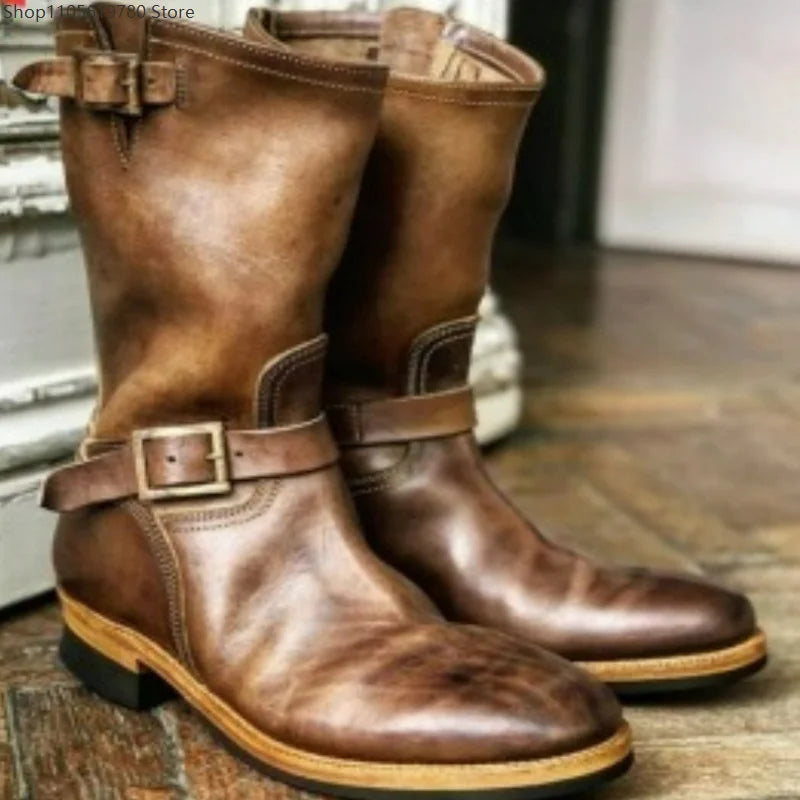 Men's Boots PU Leather Boots Retro Outdoor Western Cowboy Boots Round Toe Belt Buckle Mid-Calf Boot Slip on Plus Size Long Boot
