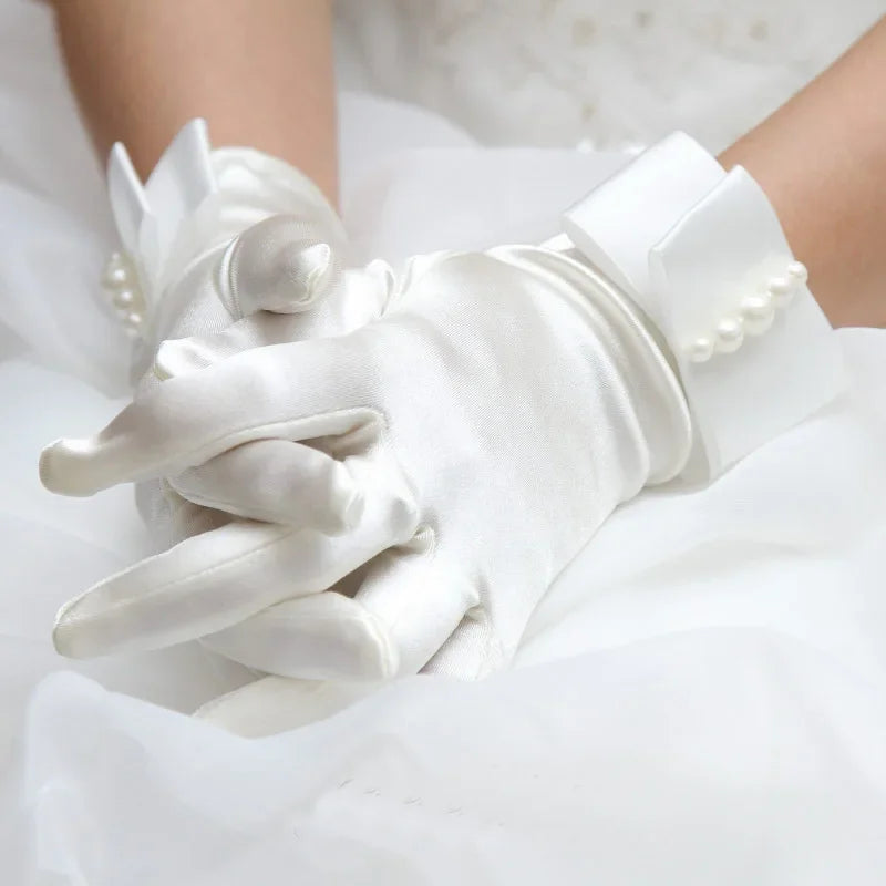 Women Girl White Prom Pageant Wrist Brides Satin Short Bow Gloves Bead Party Communion Wedding Evening Halloween Costume Cosplay