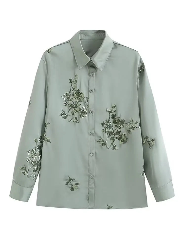 Luxury Women's Sequined satin shirt Long sleeve blouse And Elastic waist long pants 2025 Spring summer Suit Green INEKO 4T005