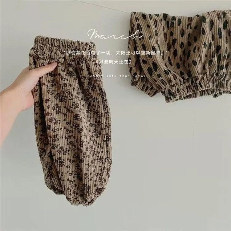 Korean Style Toddler Girls Corduroy Harem Pants 1-8Y Leopard Floral Print Autumn Winter Fleece-Lined or Thin Casual Pants