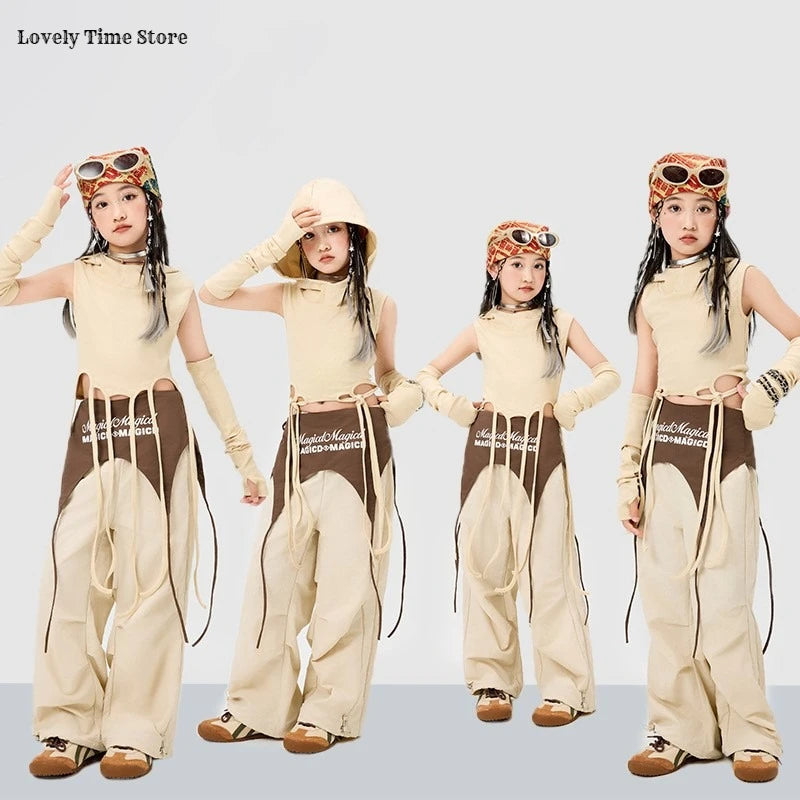 Girls Hip Hop Hoodies Joggers Pants Child Street Dance Hooded Crop Top Costume Kids K-pop Streetwear Jazz Girl Group Clothes Set
