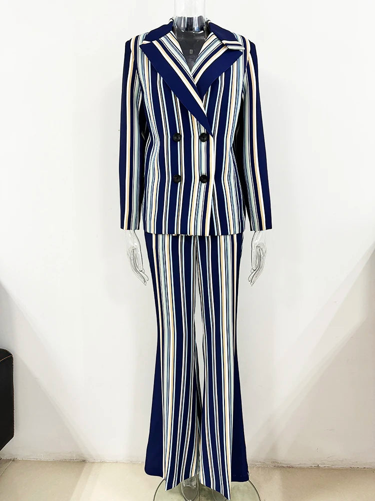 HIGH STREET Newest Fashion 2026 Designer Runway Suit Set Women's Colorful Striped Blazer Jacket Flare Pants Set 2pcs