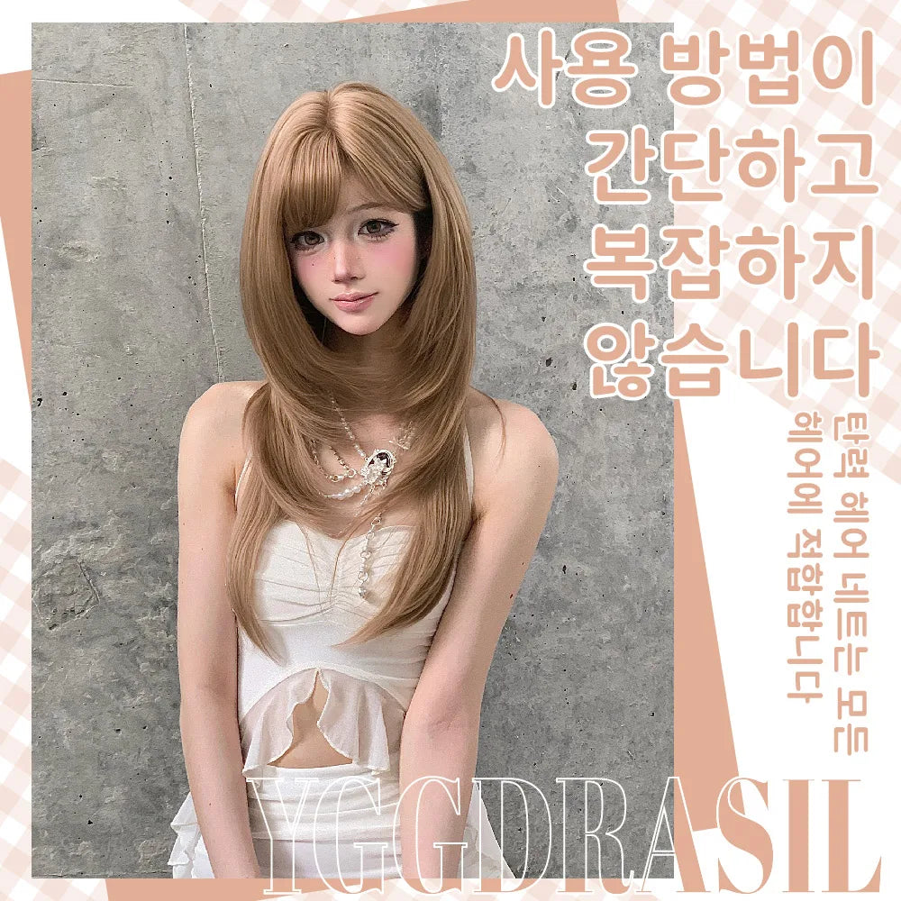 26Inch Modern Style Honey Blonde Synthetic Wigs with Bangs Long Natural Straight Hair Wig for Women Daily Use Heat Resistant