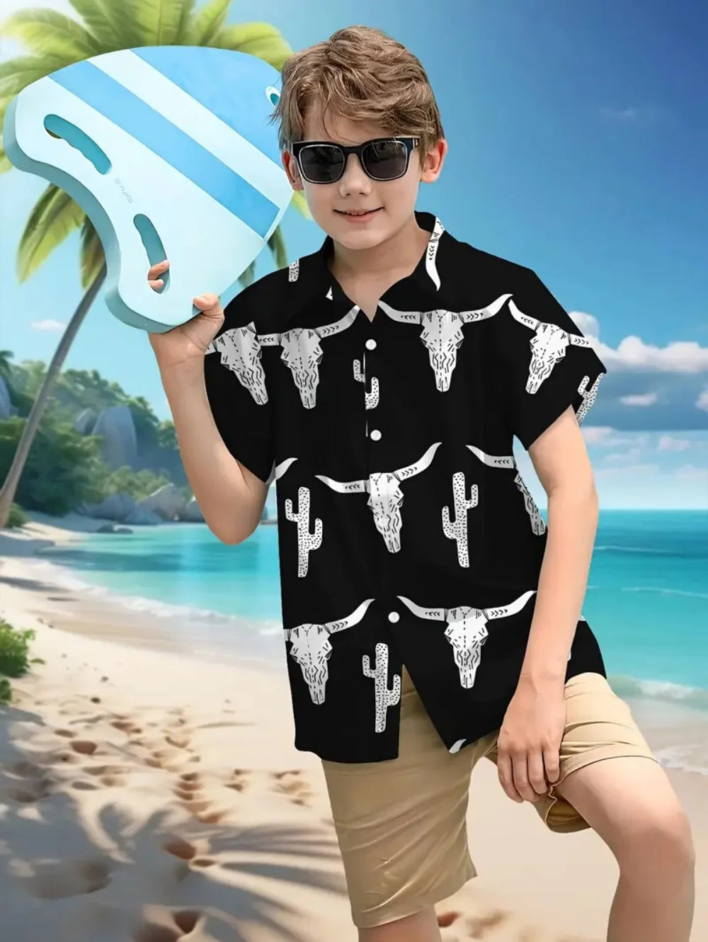 Kid's Boys Top Fashion Personality Print Pattern Stand-Up Collar Short Sleeved Shirt Summer Clothes for Children Boy's 3-9 Years