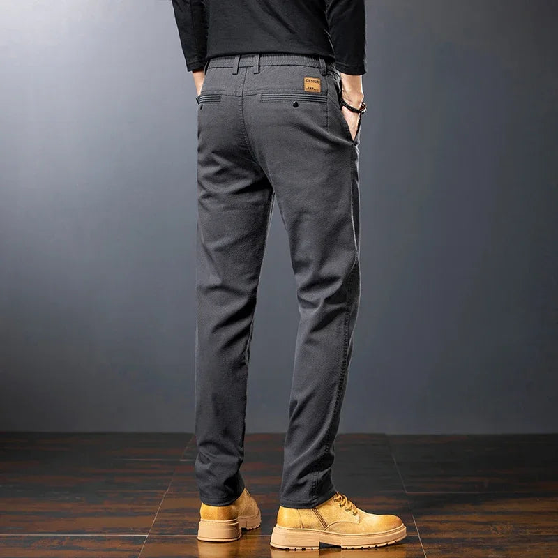 Men's Twill Slim Pants Business Straight Cotton Casual Trousers Brand Fashion Korean Elastic Coffee Black Gray Pant