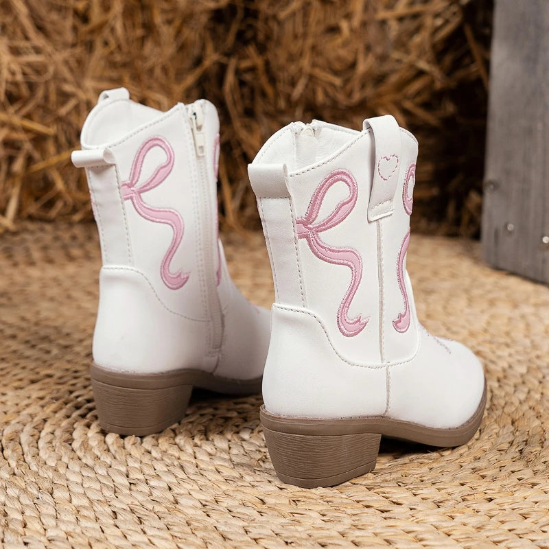 Kids Ankle Boots Kids White Western Cowboy Mid-calf Boots with Pink Embroidery Stylish Toddler Shoes Girls Princess Knight Boots